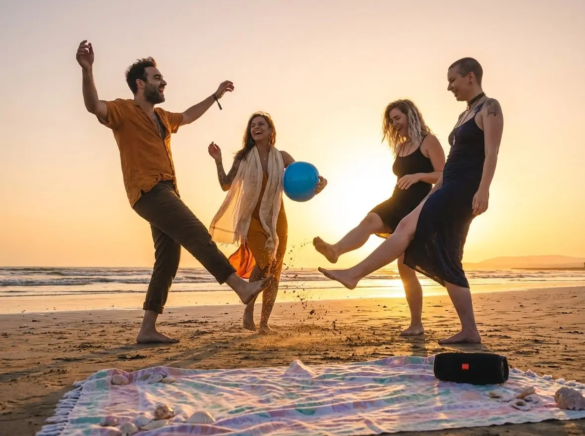 Friends playing with a ball on a beach at sunset
