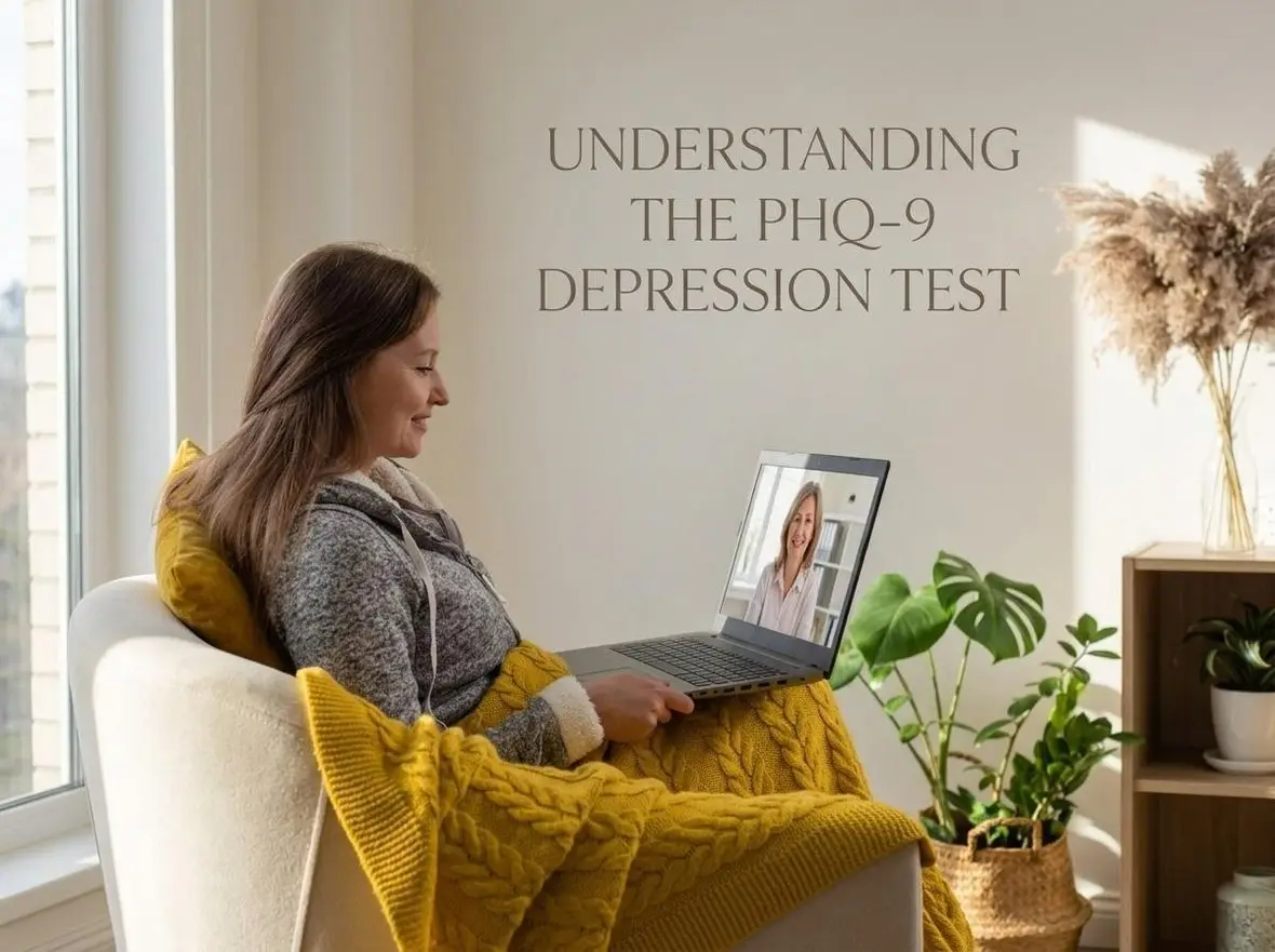 A person on a video appointment beneath wall lettering about the PHQ-9 depression test