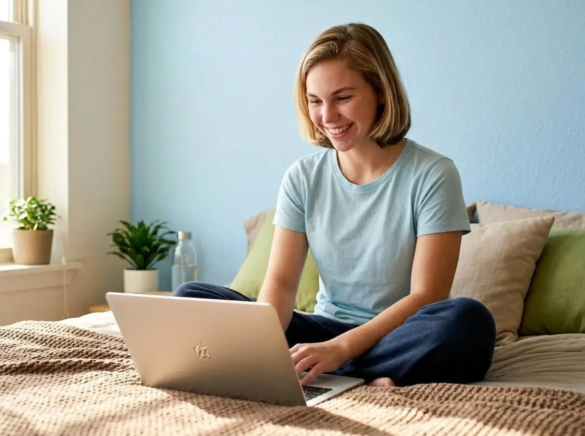 A person sitting cross-legged on a bed with a laptop
