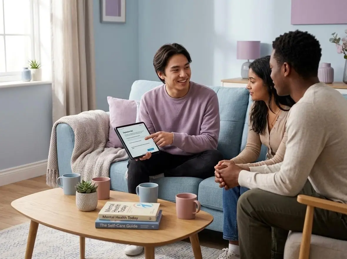 Three people looking at a tablet together on a sofa