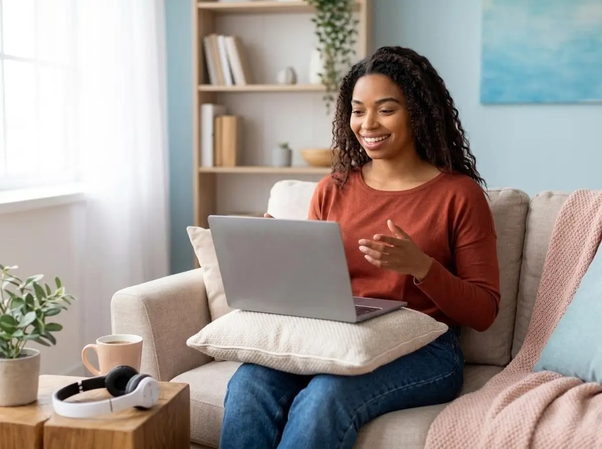A person smiling during a video appointment, laptop on their lap