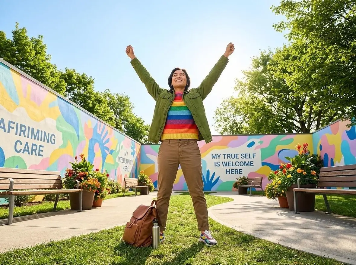A person standing with their arms raised in front of a mural about affirming care