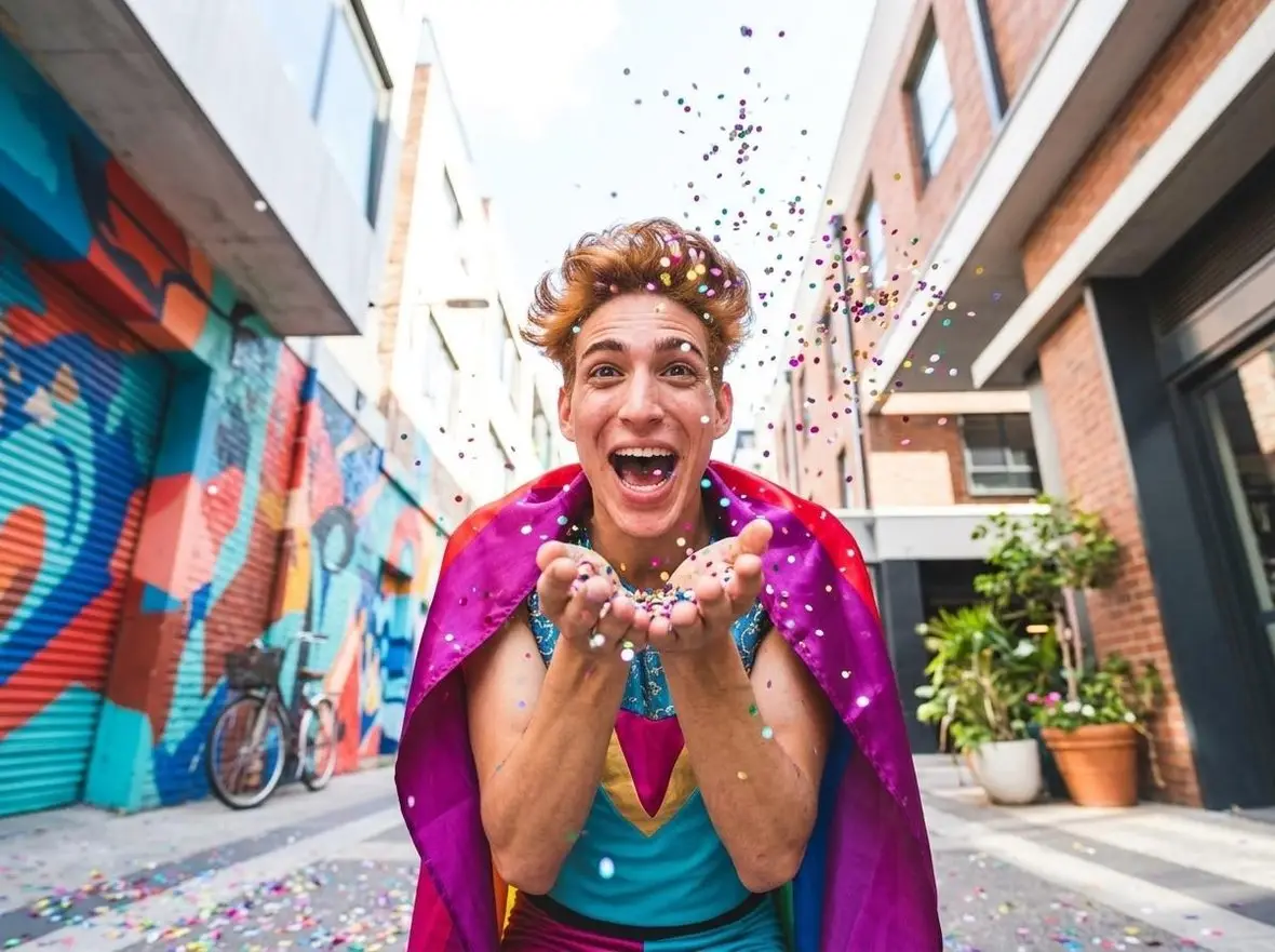A person in a bright cape throwing confetti into the air in a street