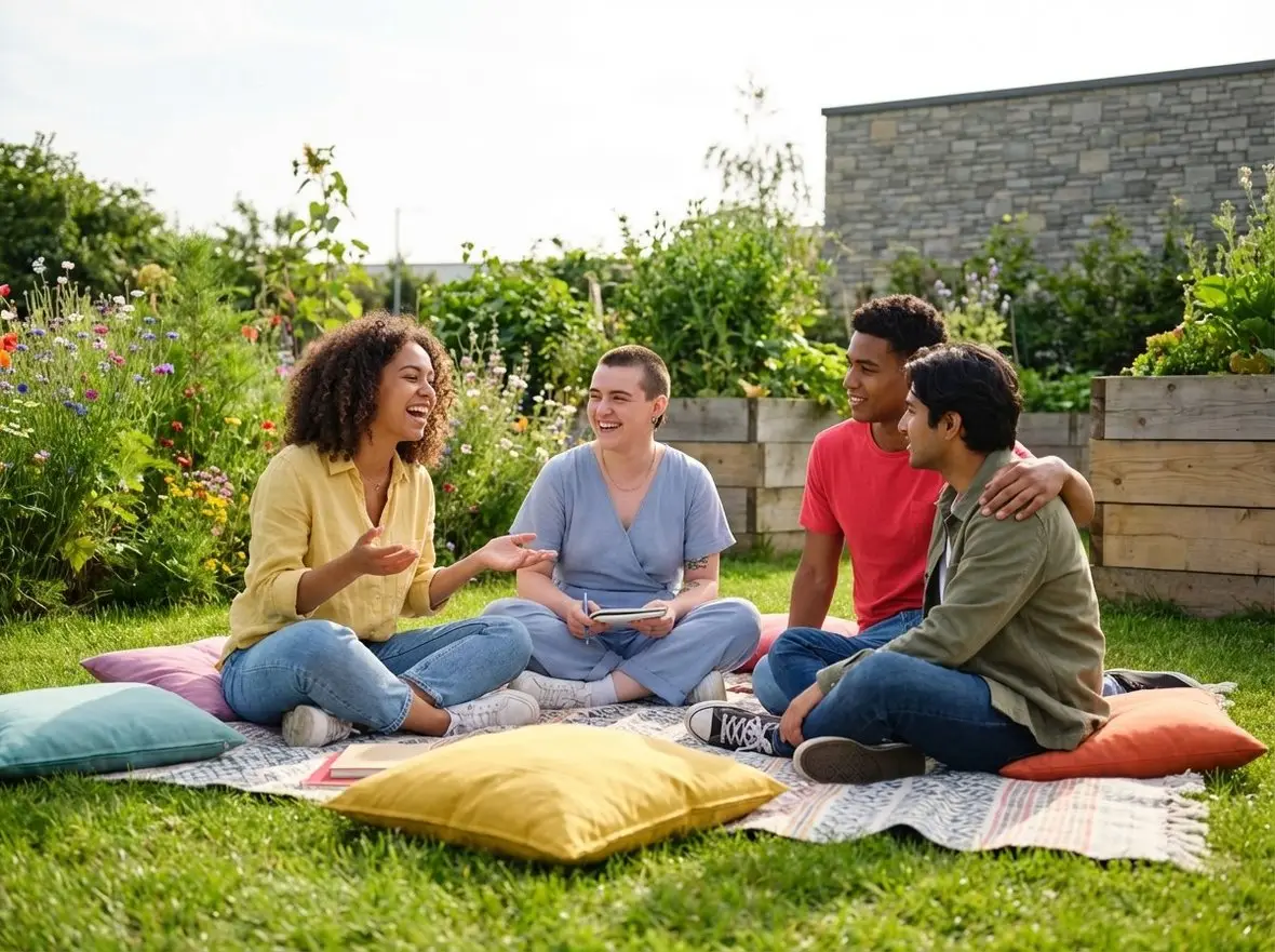 A group of people sitting together on the grass in a garden