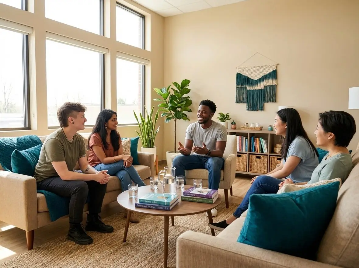 A group of people talking in a bright living room