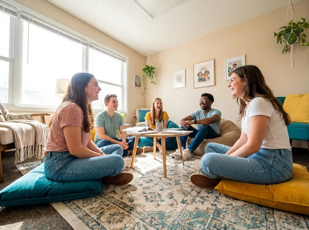 A group sitting on the floor talking in a sunlit room