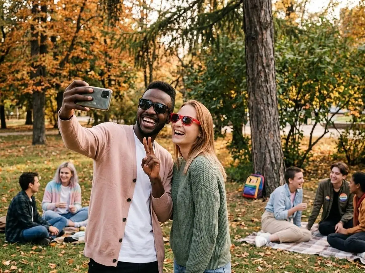 Two people taking a selfie together in a park in autumn