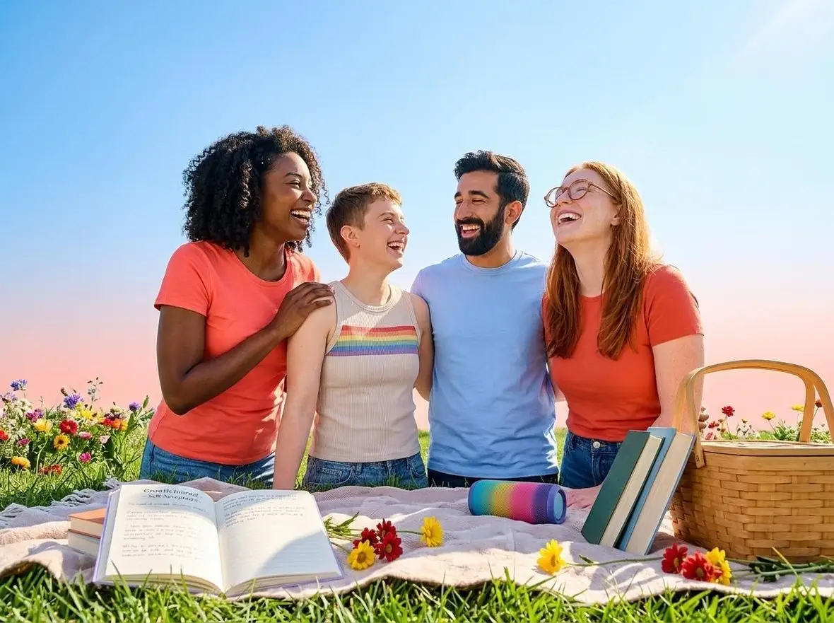 Friends standing together outdoors at sunset
