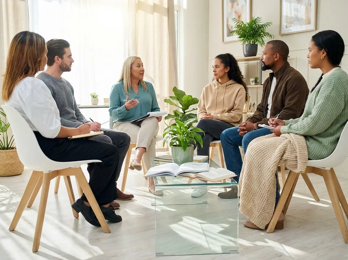 A group therapy circle in a bright room