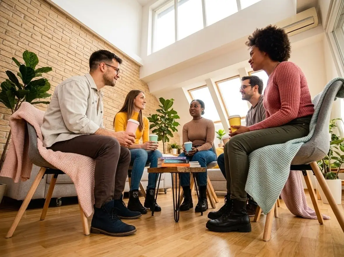 A group of people talking in a circle in a bright room