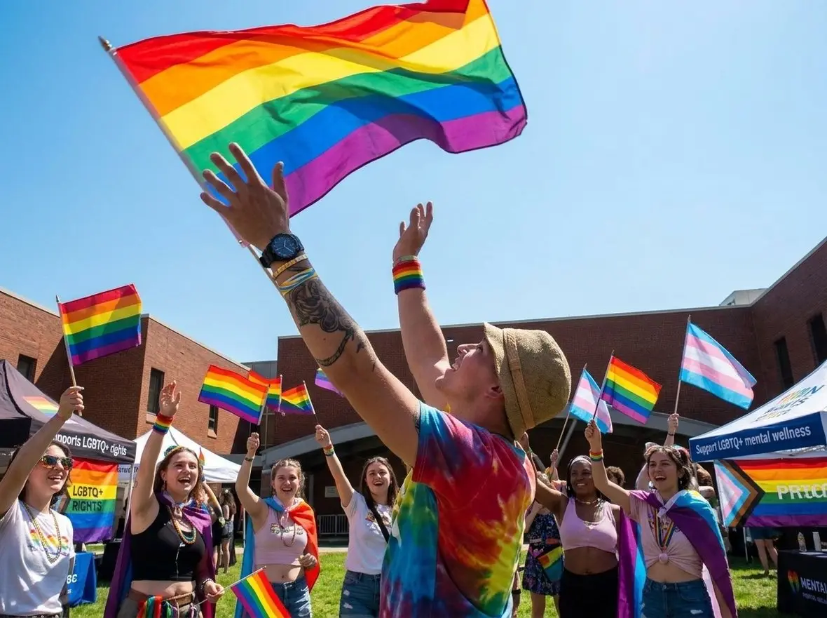 A person waving a rainbow flag at a Pride march
