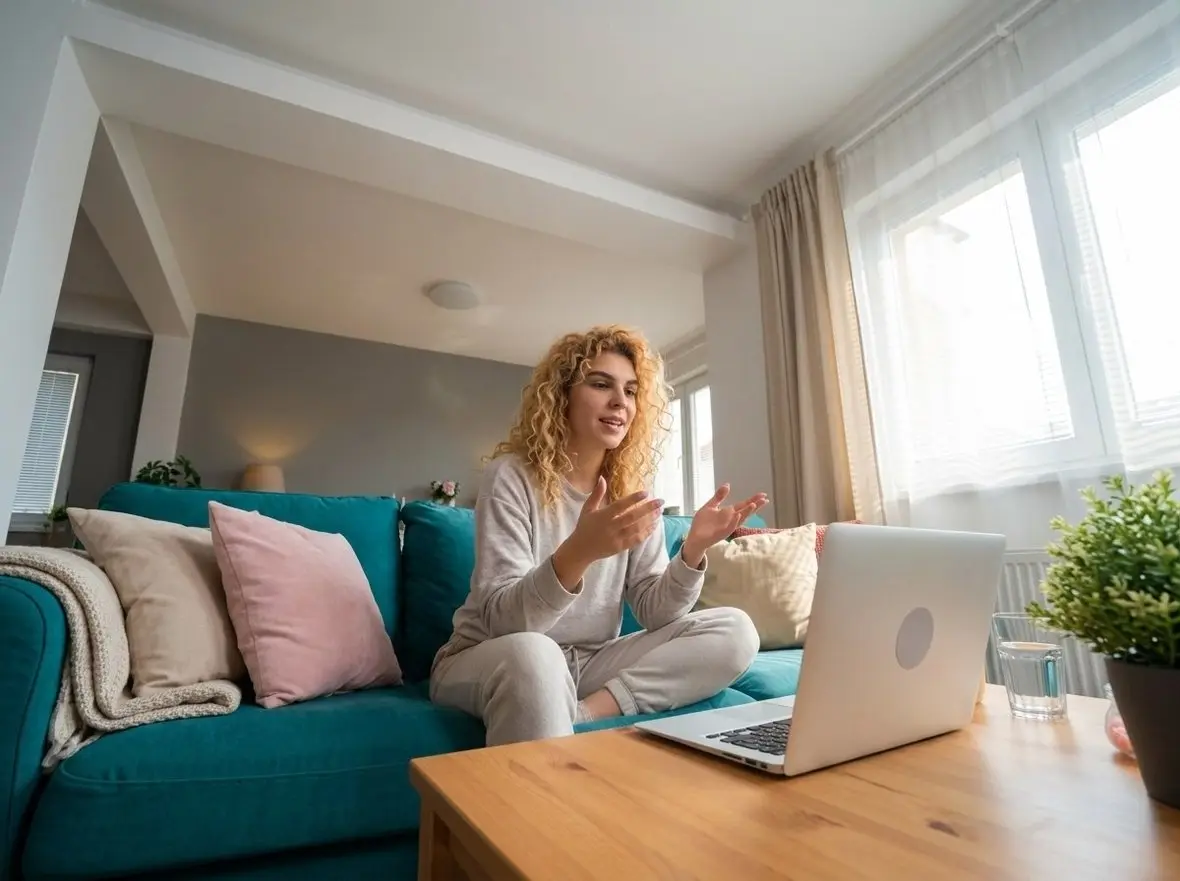 A person gesturing during a laptop video appointment on a sofa