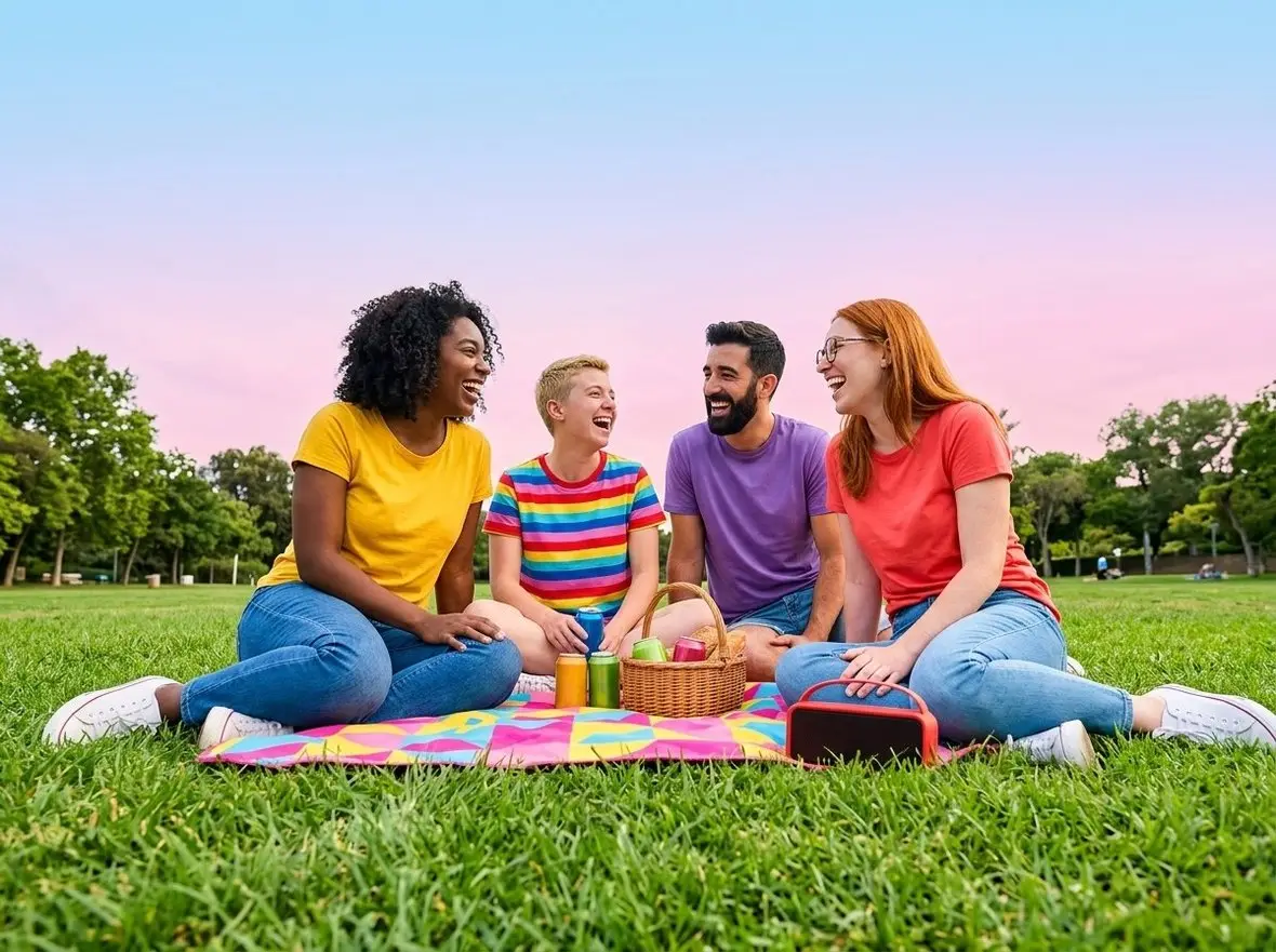 Friends sitting on a picnic blanket in a park at sunset