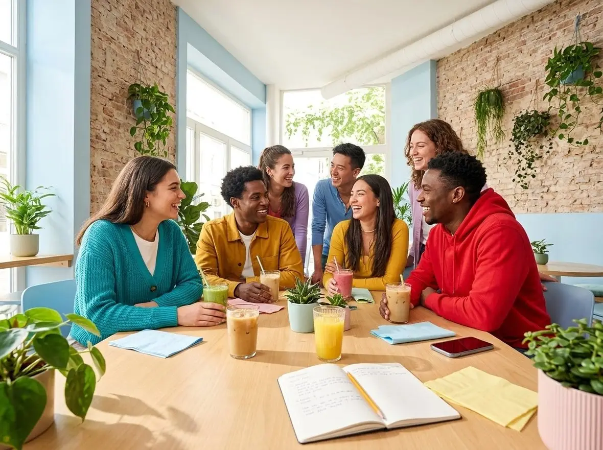 A group of people talking around a table in a bright room