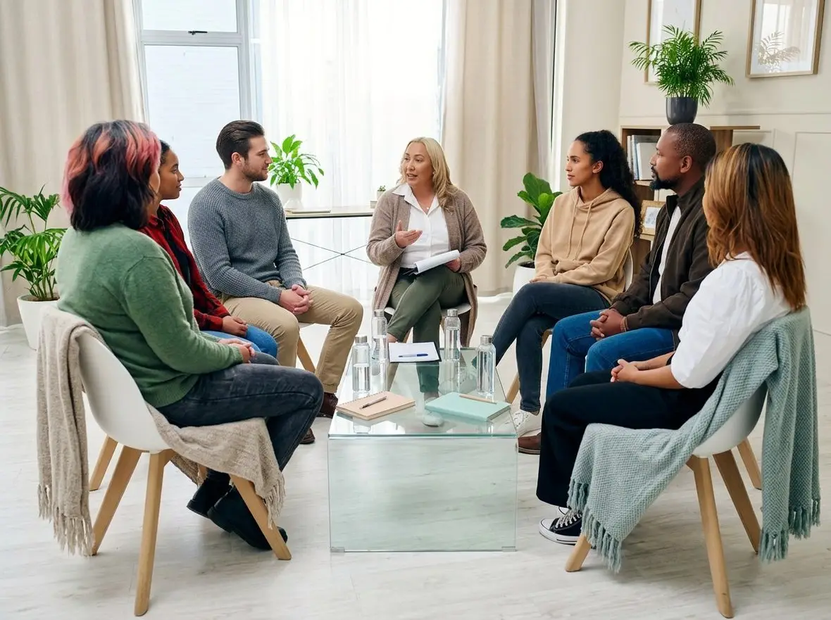 A group therapy circle in a room with large windows