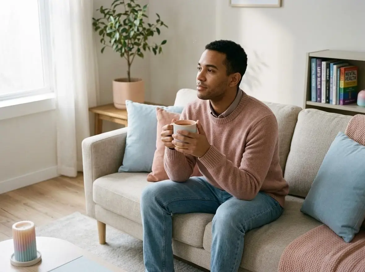 A person holding a mug on a sofa, looking thoughtful