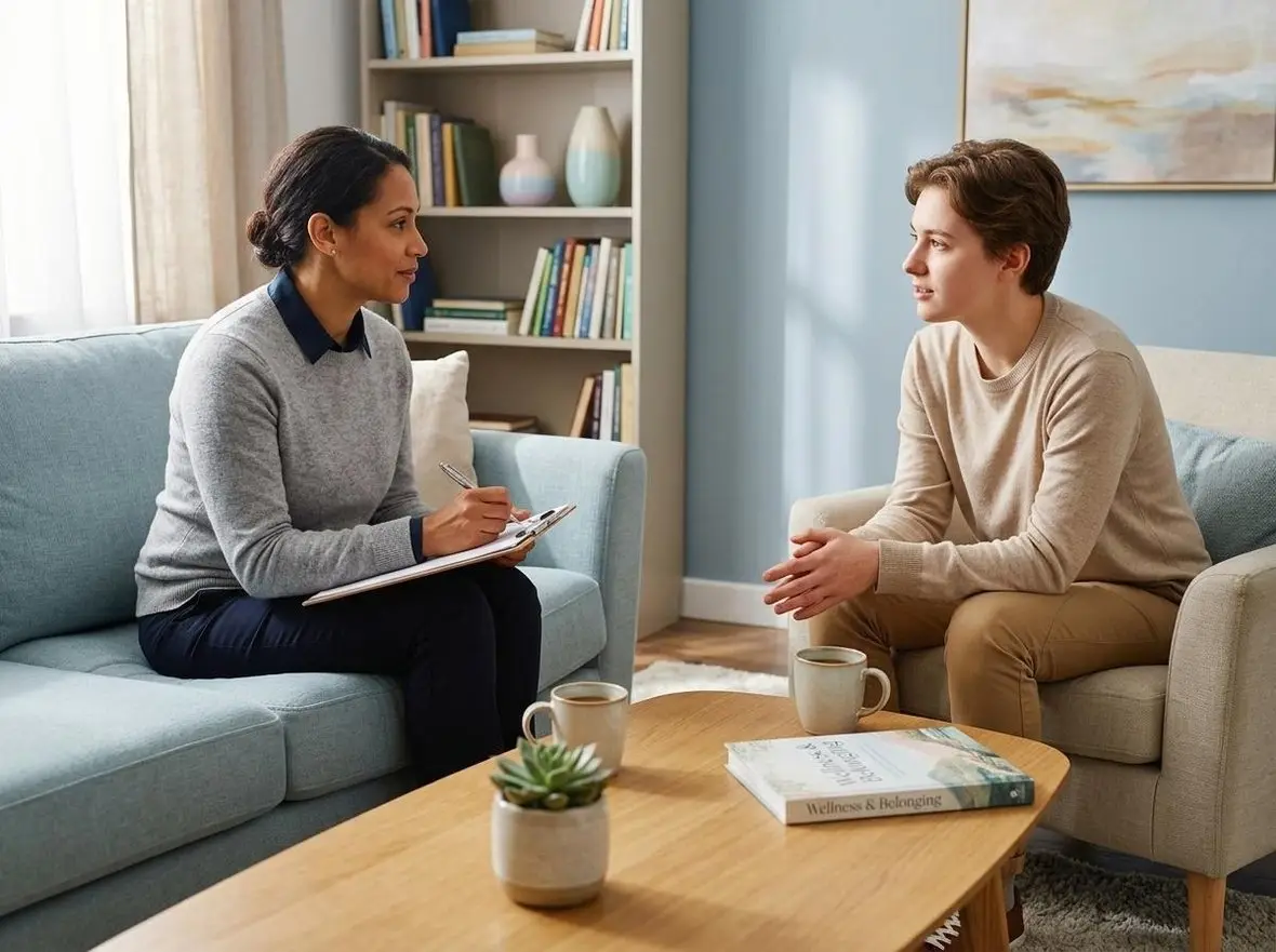 A clinician with a clipboard talking with a client in an office