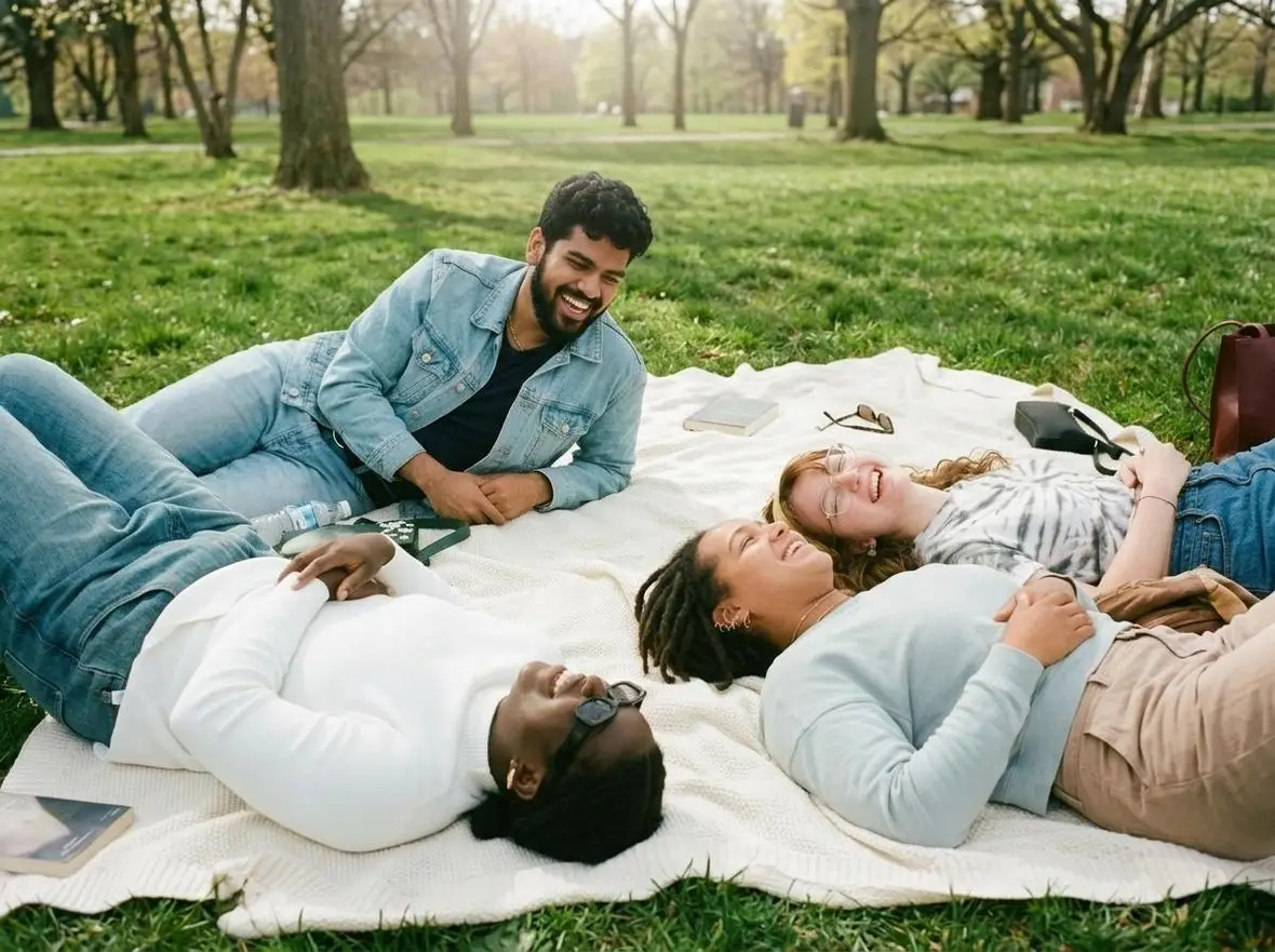 Three friends lying on a blanket in a park