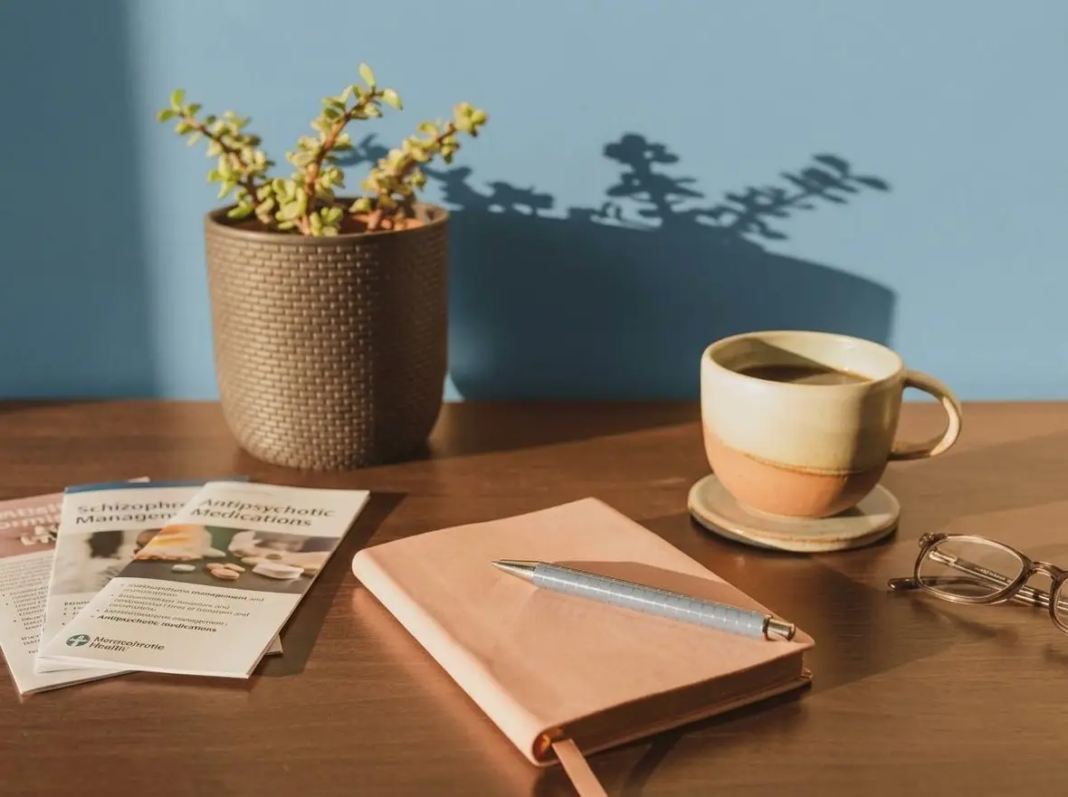 A journal, pen and mug on a table beside a potted plant