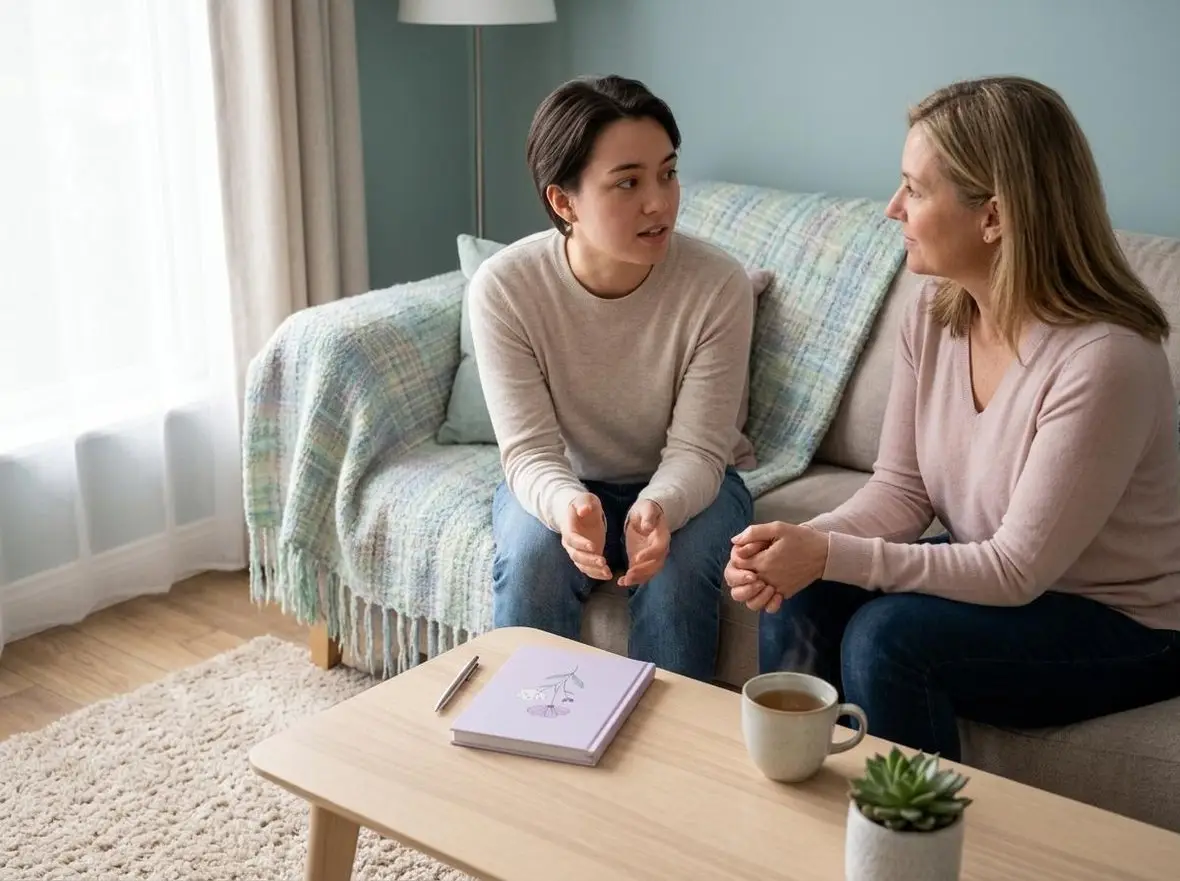 Two people sitting together in conversation