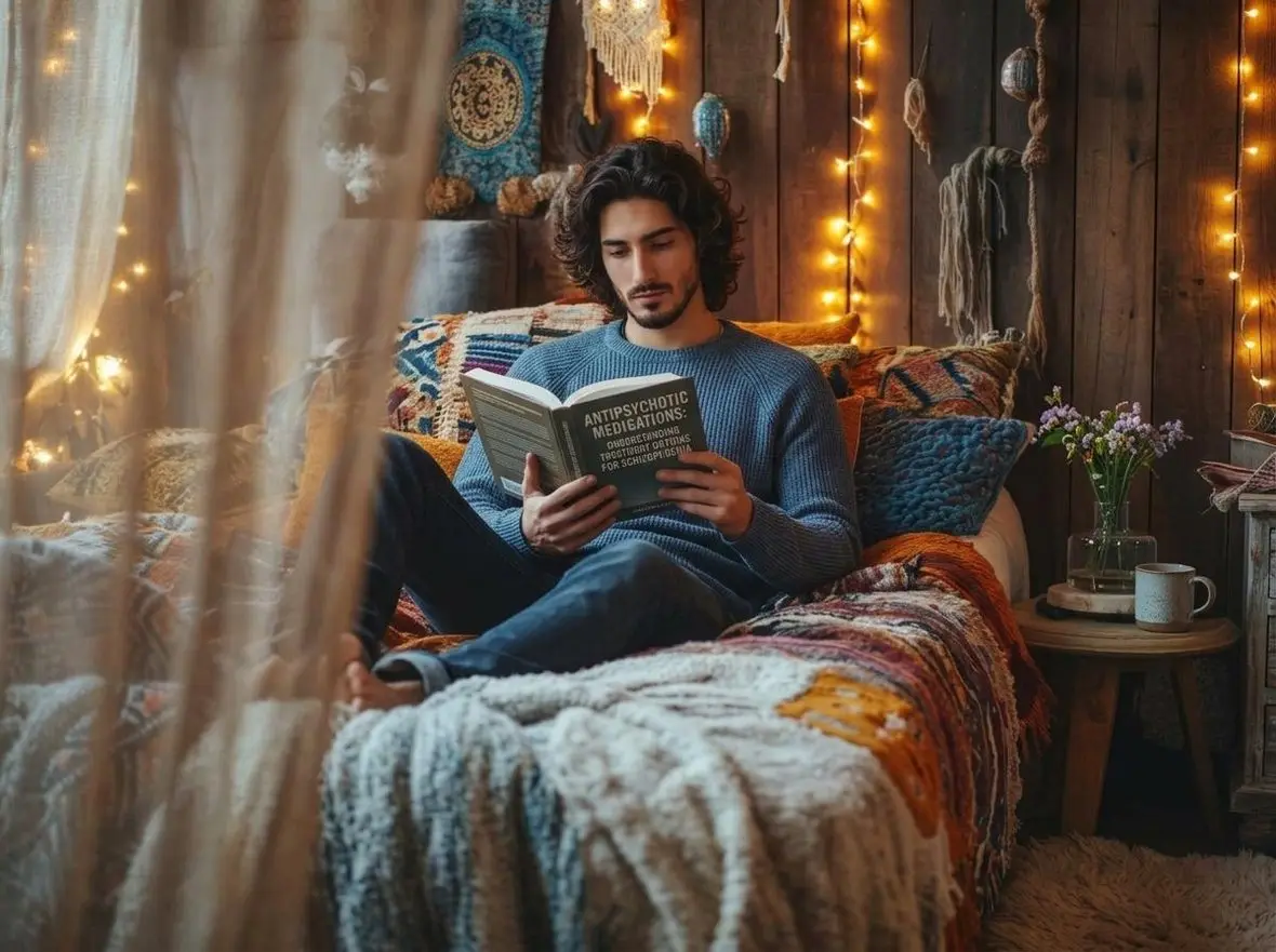 A man reading a book surrounded by blankets and string lights