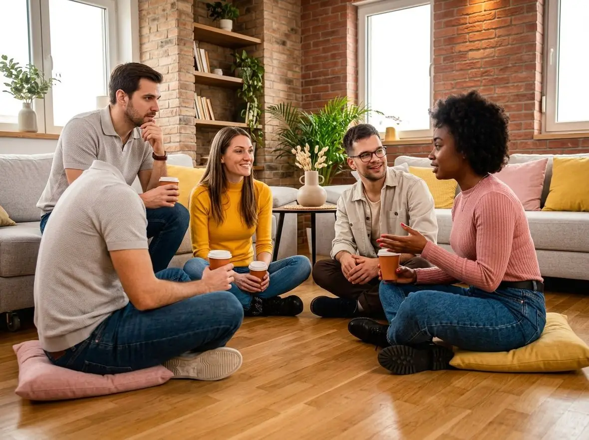 A group of friends sitting on the floor with warm drinks