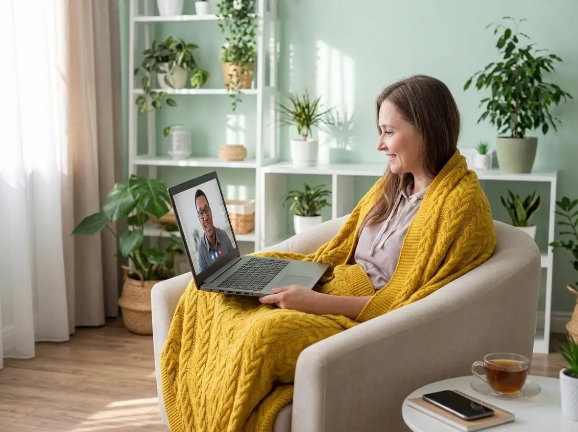 A woman in a yellow blanket speaking with a provider on a video call