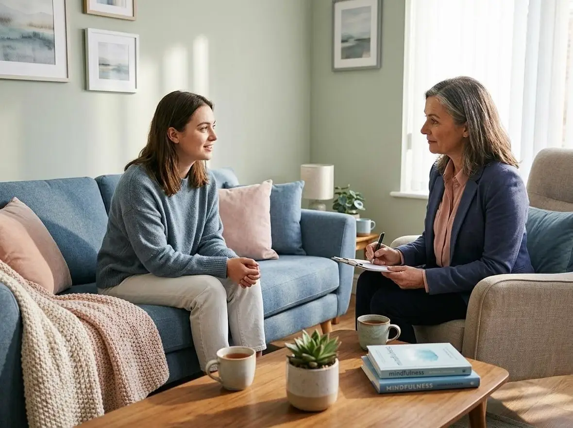 Two people talking together on a sofa in a bright living room