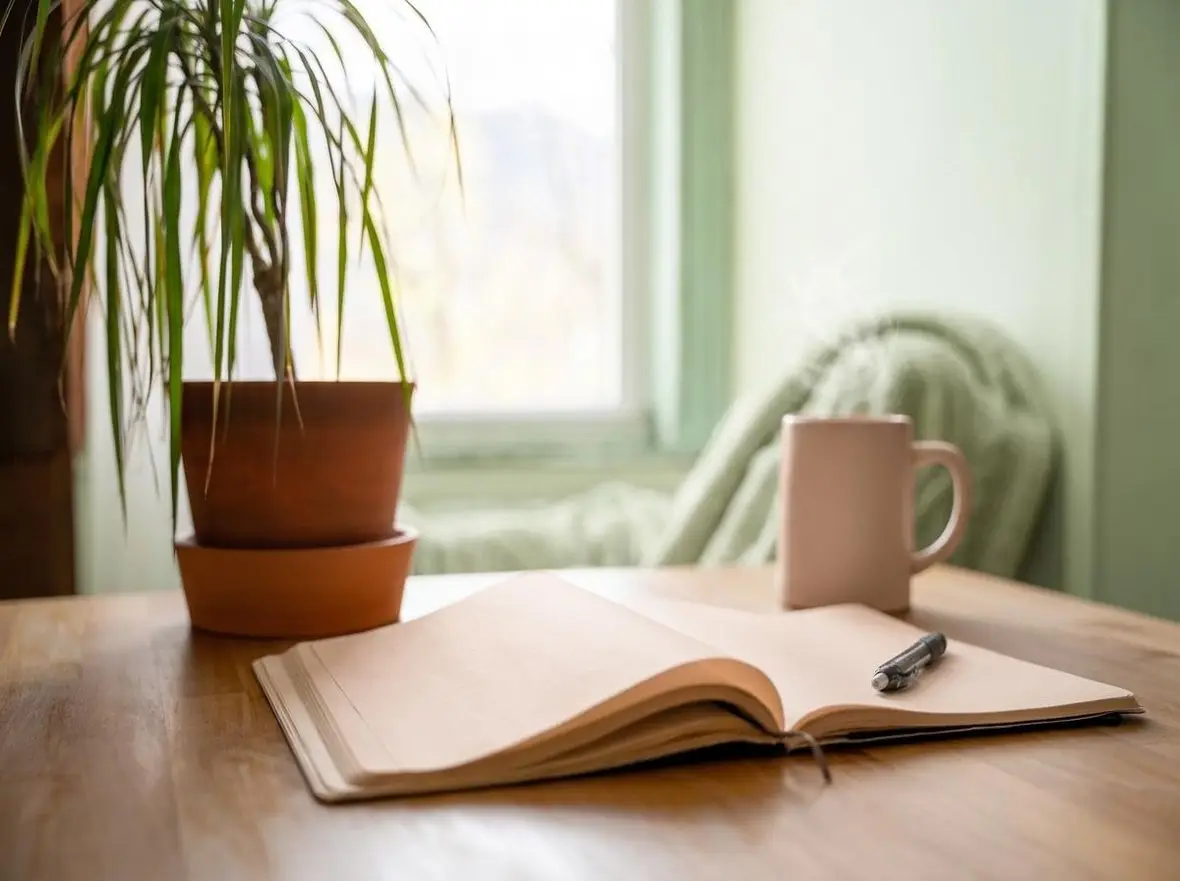 An open notebook and mug on a table beside a plant