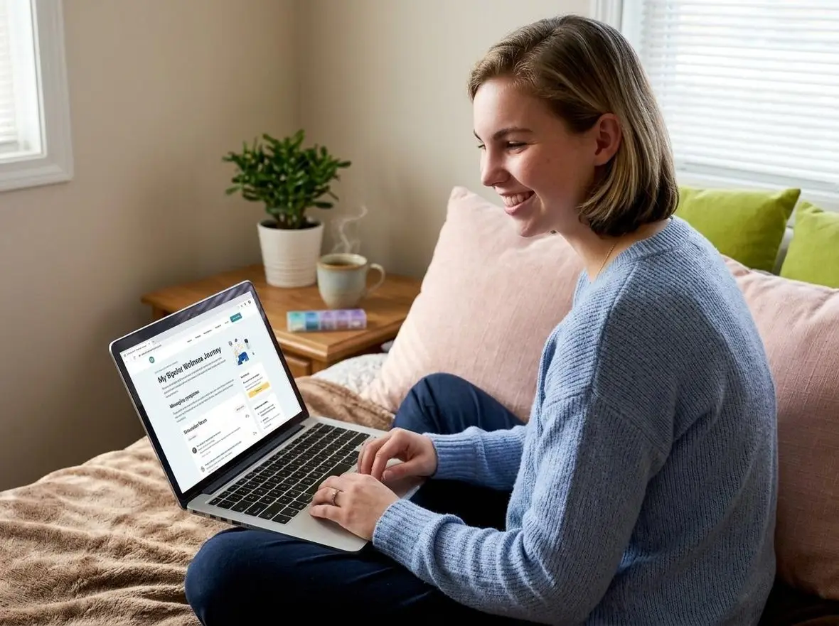 A woman sitting on a bed using a laptop