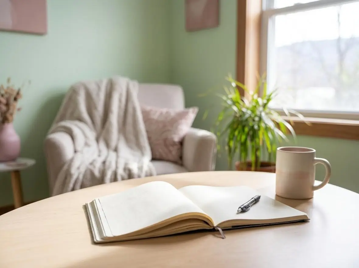 An open notebook and pen on a table beside a mug, with a sofa behind