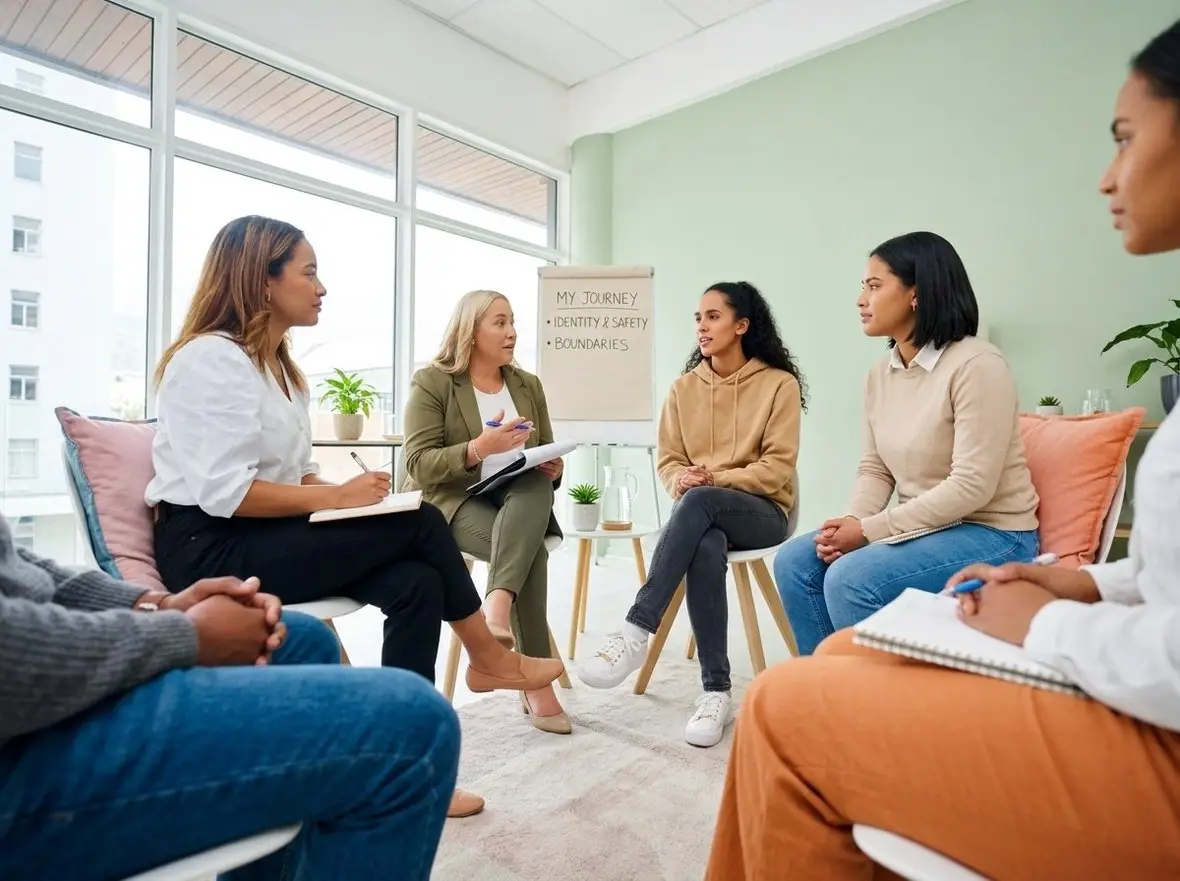 A group therapy session in a bright room
