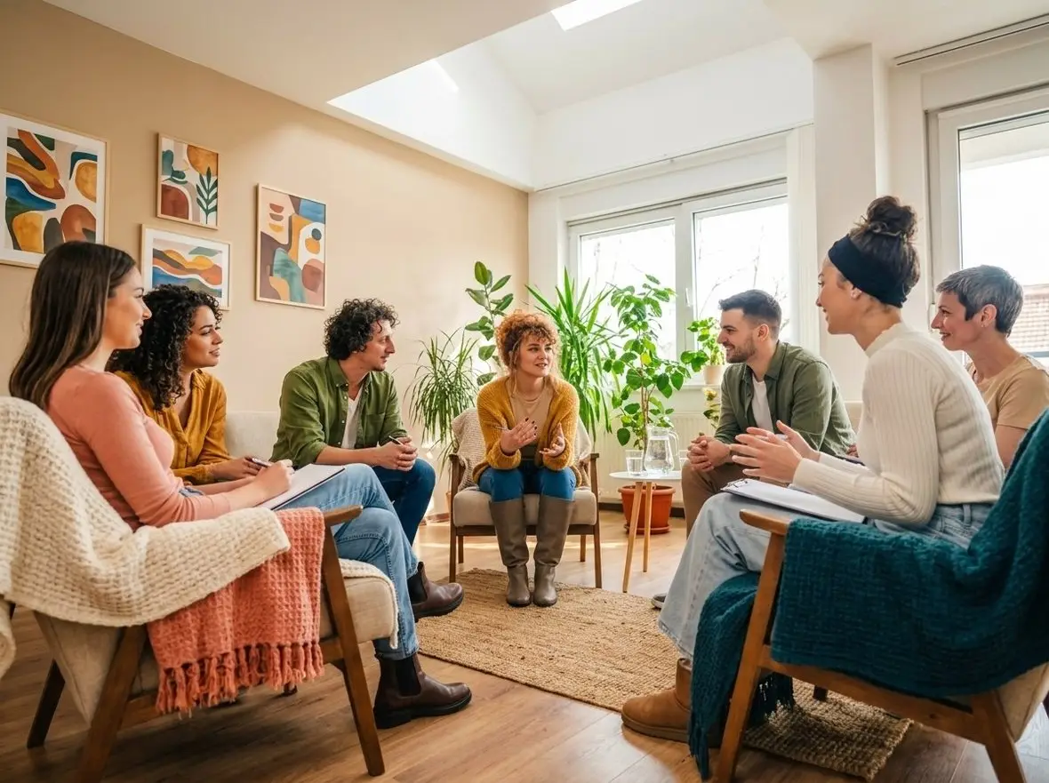 A group of people talking in a circle in a living room