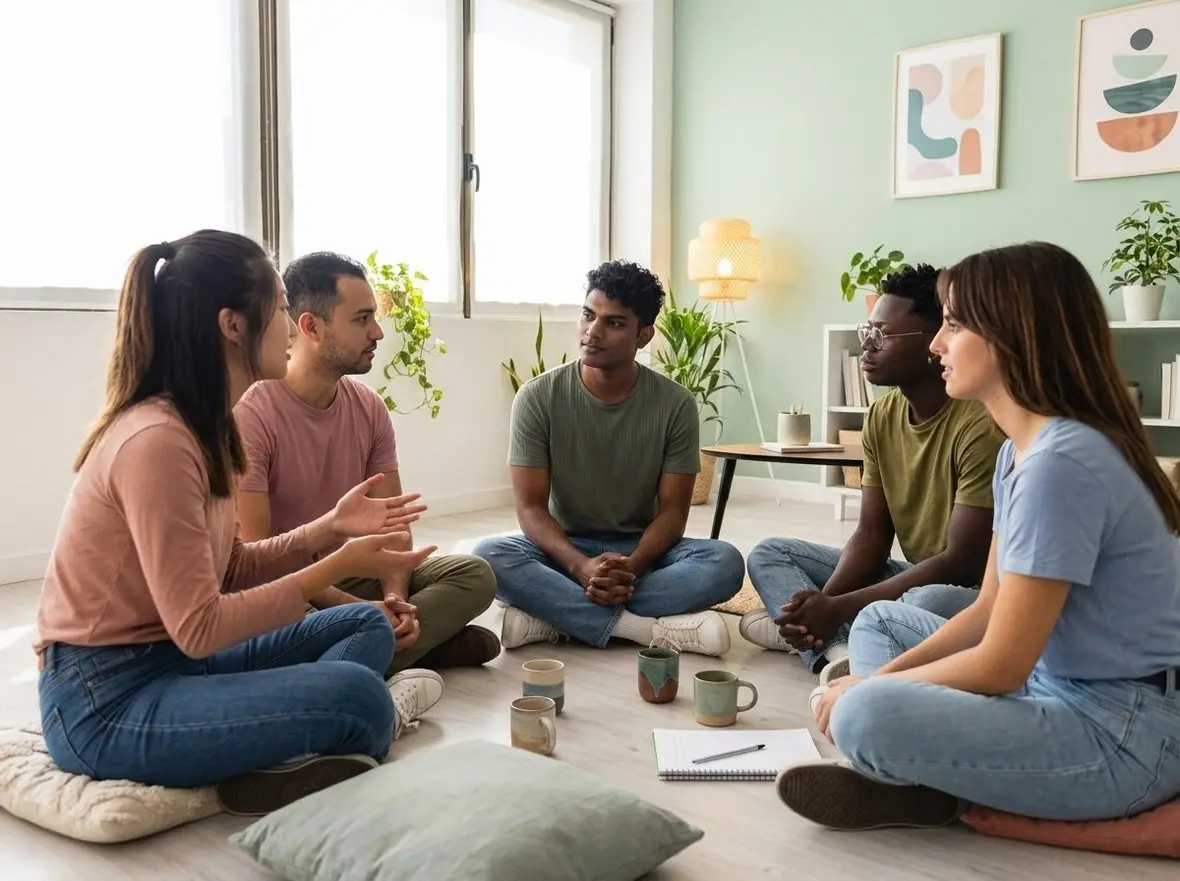 A group sitting in a circle on the floor, talking