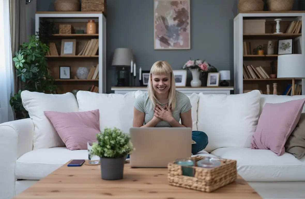 A person on a laptop video appointment in a living room