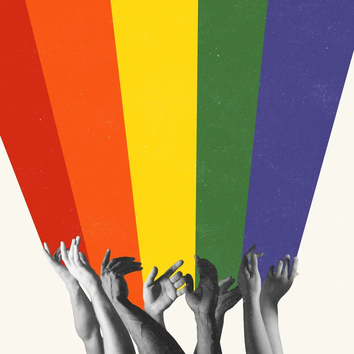 Hands raised toward a rainbow of coloured stripes