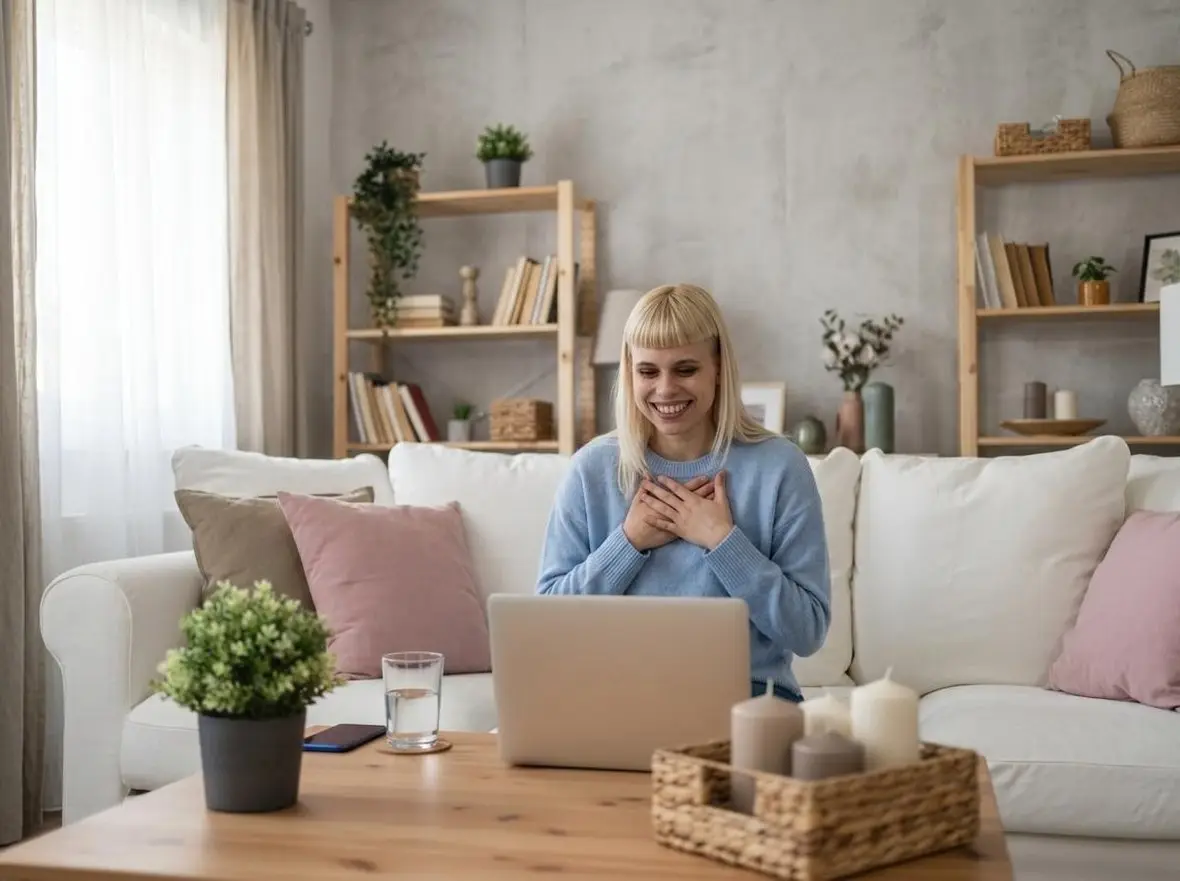 A person smiling during a laptop video appointment in a living room