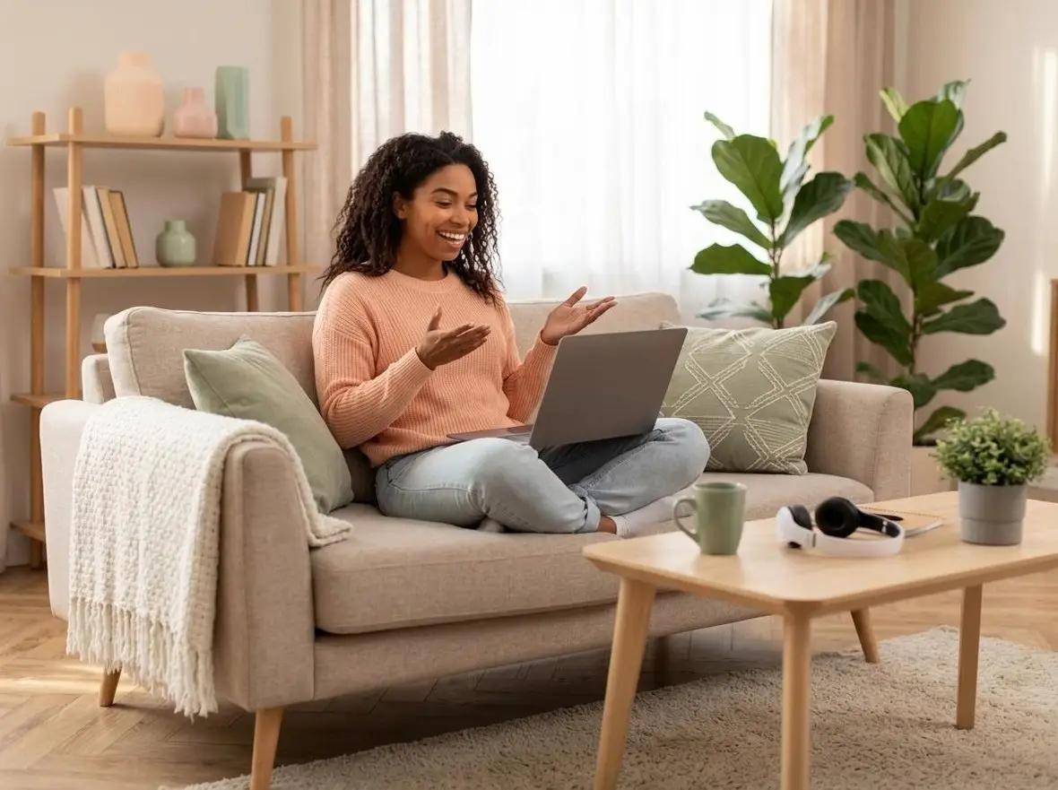 A person gesturing during a video appointment on a sofa