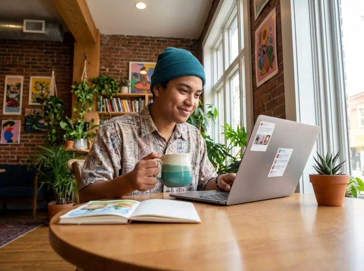 A person working at a laptop with a mug at a table