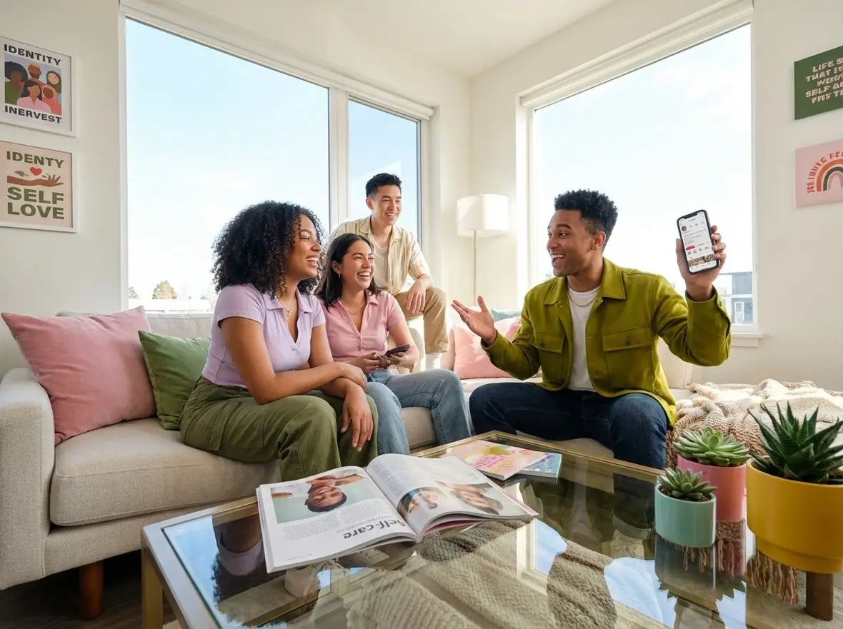 Friends on a sofa looking at a phone together