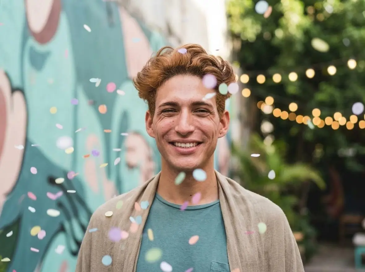 A person smiling amid falling confetti in front of a mural