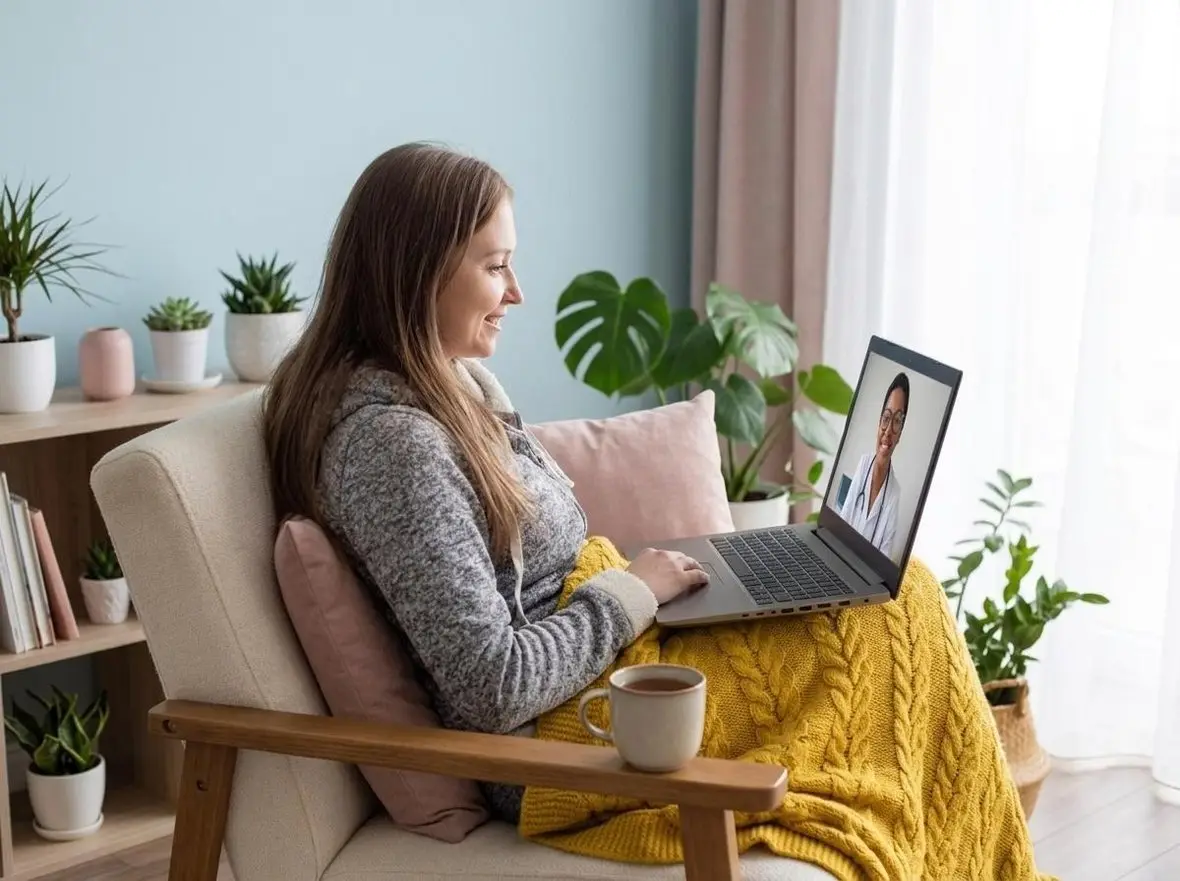 A person on a video appointment with a clinician, from an armchair