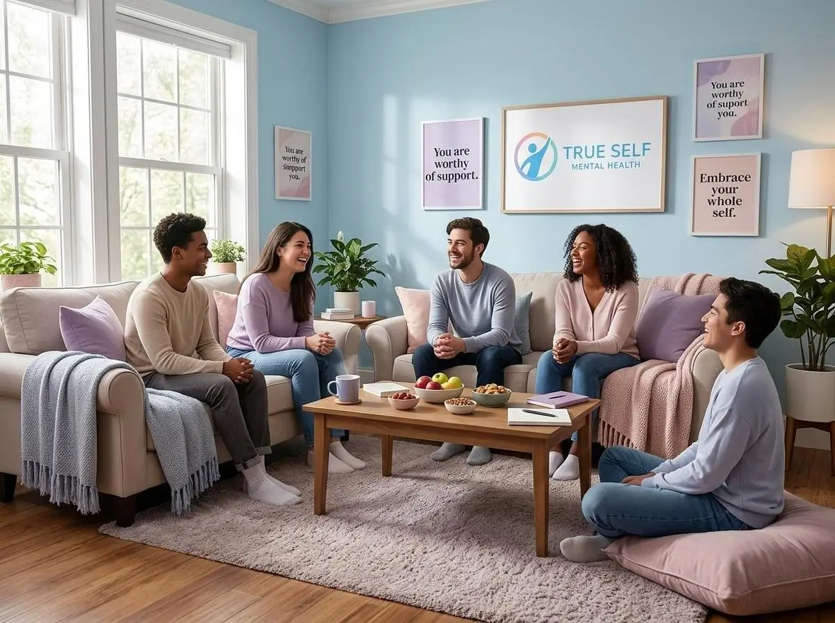 A group sitting together in a room hung with True Self Mental Health posters
