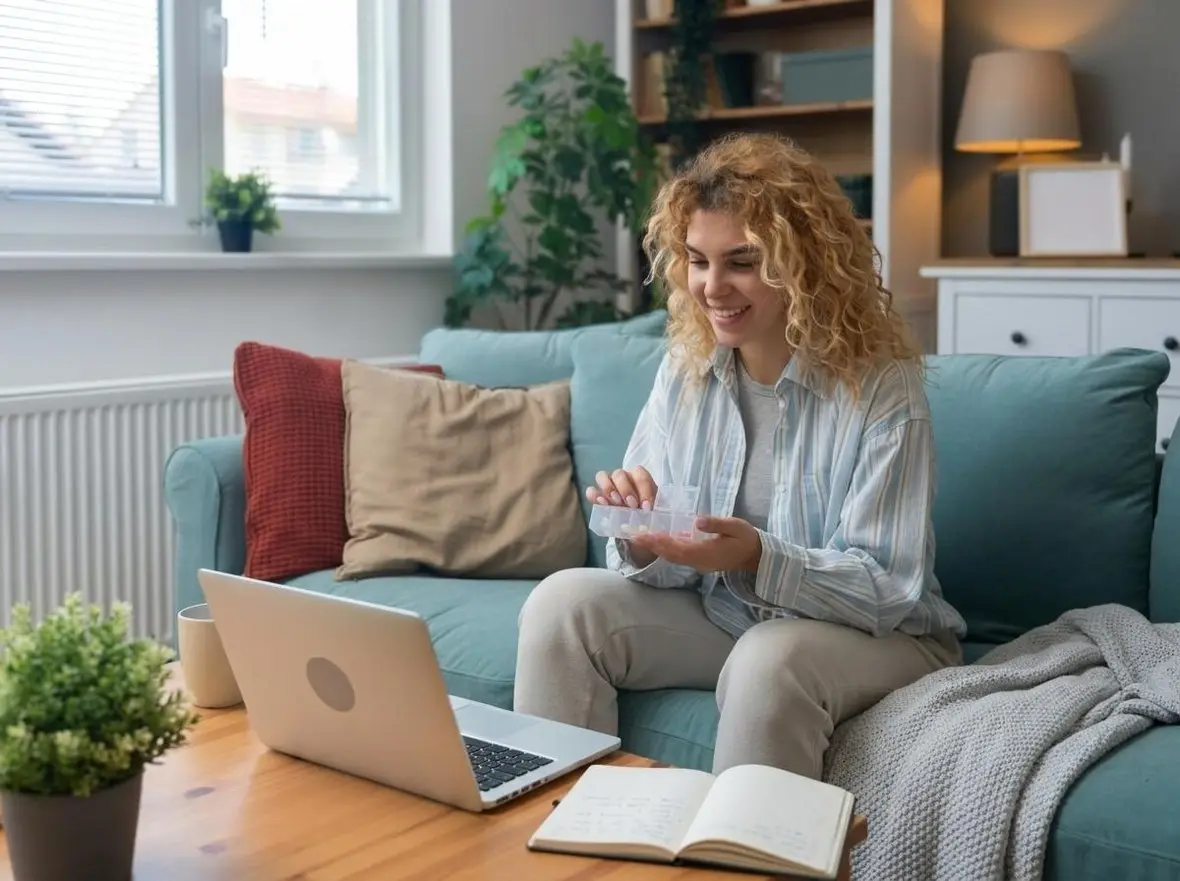 A person talking during a video appointment, an open notebook on the table