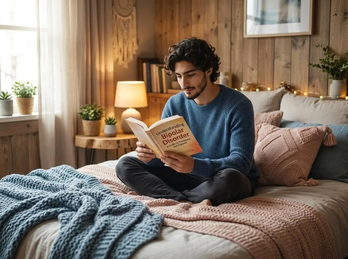 A man reading a book on a bed