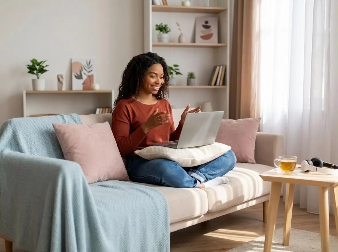 A person gesturing during a laptop video appointment from a sofa