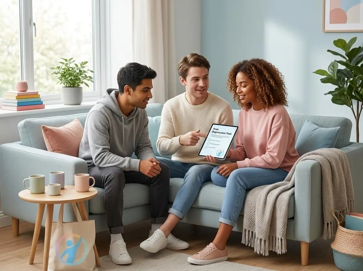 Three friends sitting on a sofa looking at a tablet together