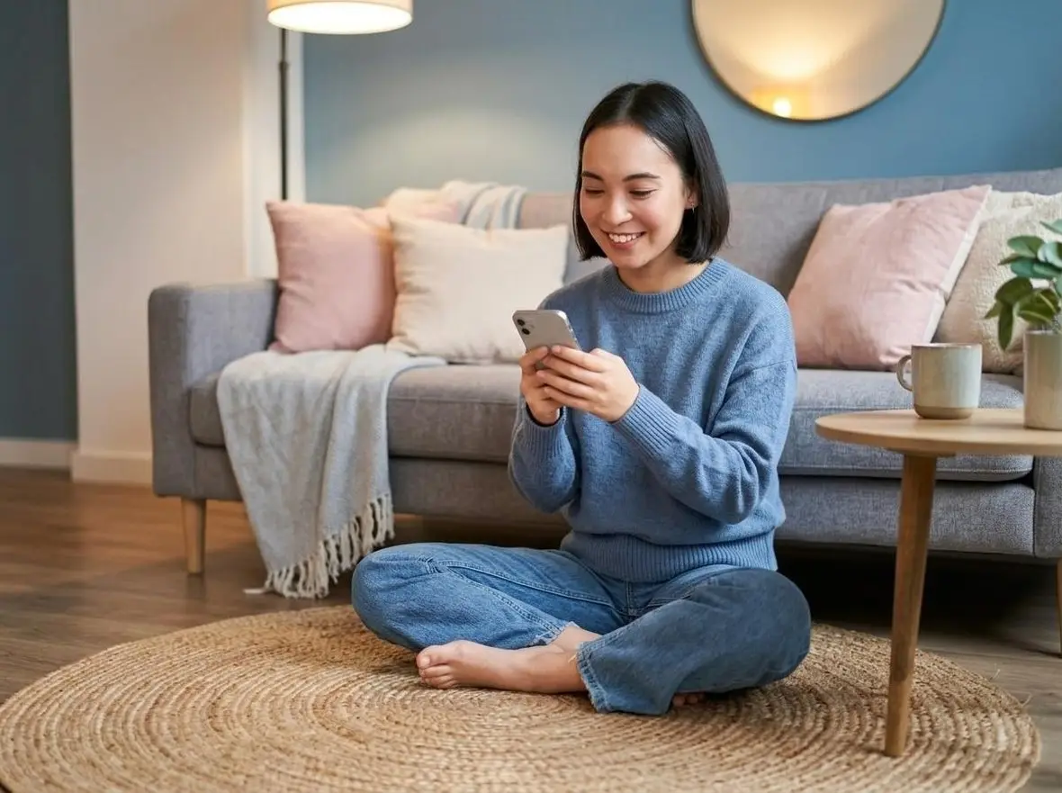 A person sitting on a rug at home, smiling at their phone