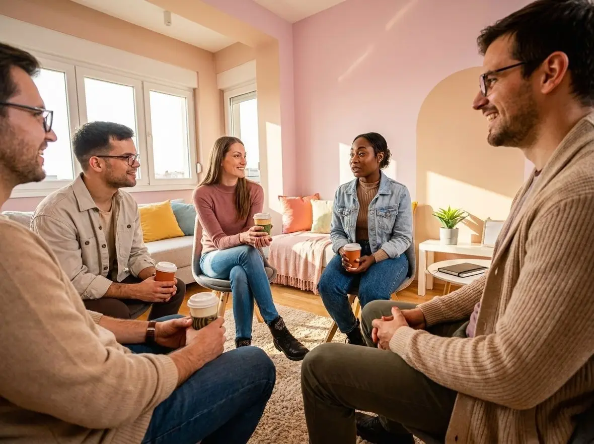 A group of people talking in a bright room