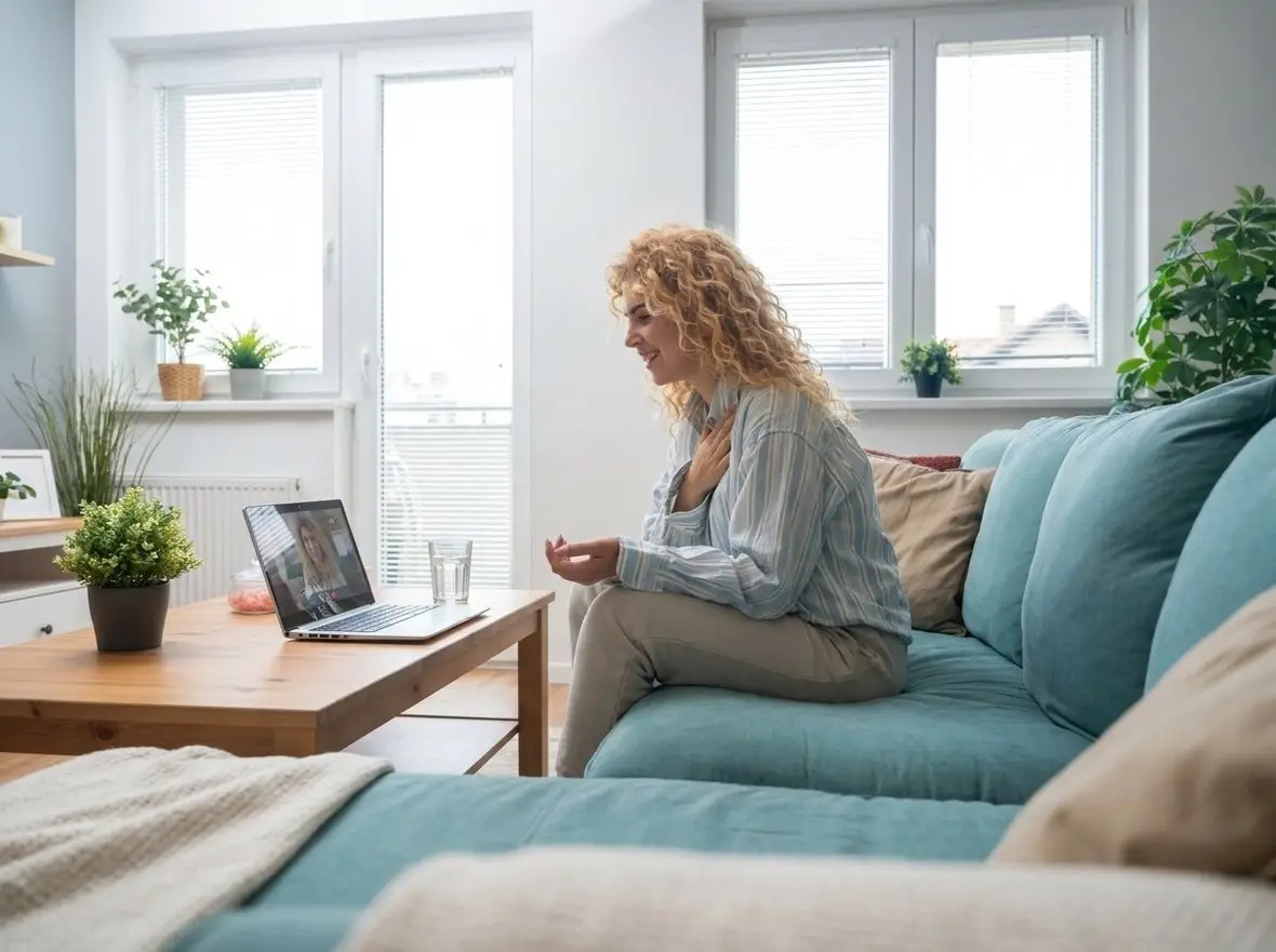 A person talking during a video appointment in a bright room